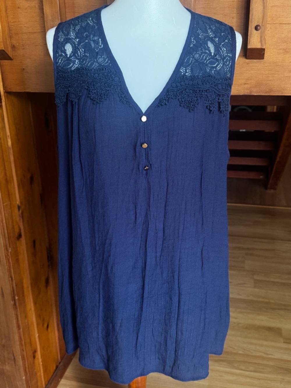 EMBER size 2X Lace-Yoke Navy Sleeveless blouse tank top shirt